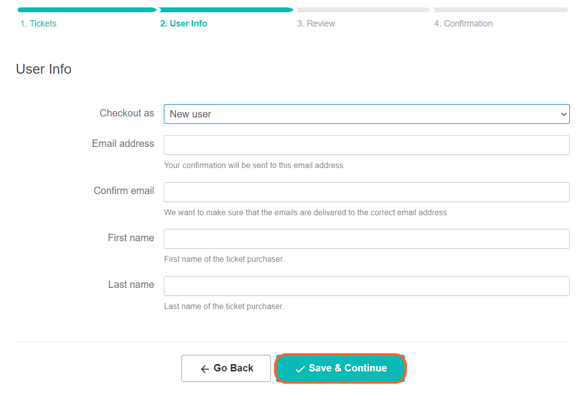 a screen cap showing the next step is for a ticket buyer to input their name and email address under user info