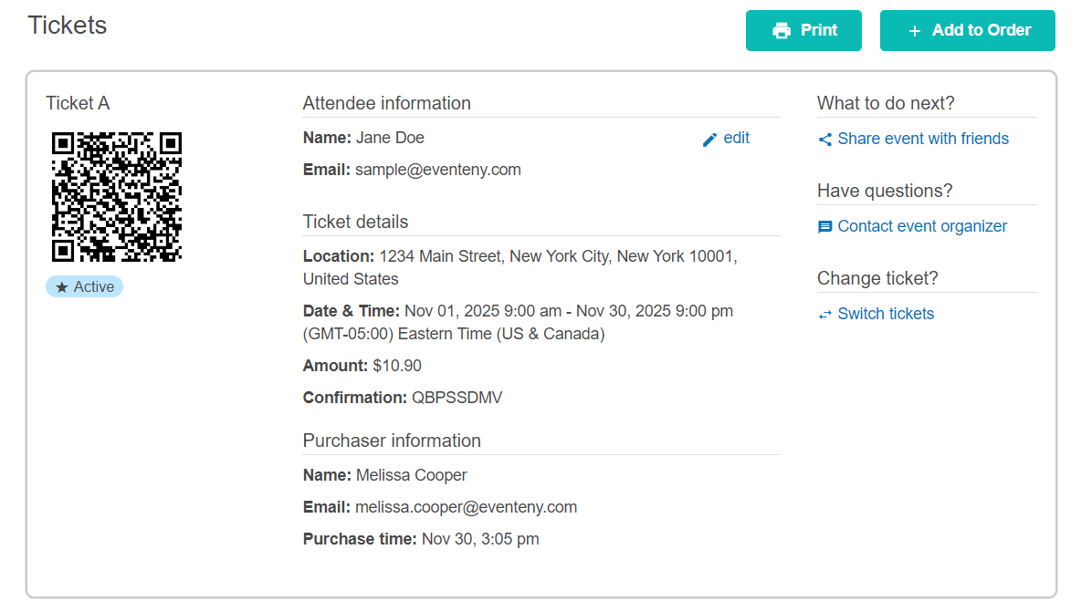 a screen cap of a confirmation page once the user has successfully purchased the ticket