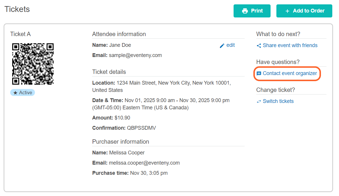 image showing where users can find the contact event organizer button on the ticket details page