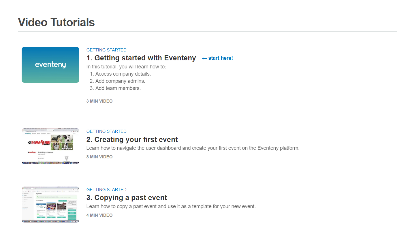 an image showing users the video tutorials tab on the side bar where they can watch 13 videos about how to use the Eventeny platform