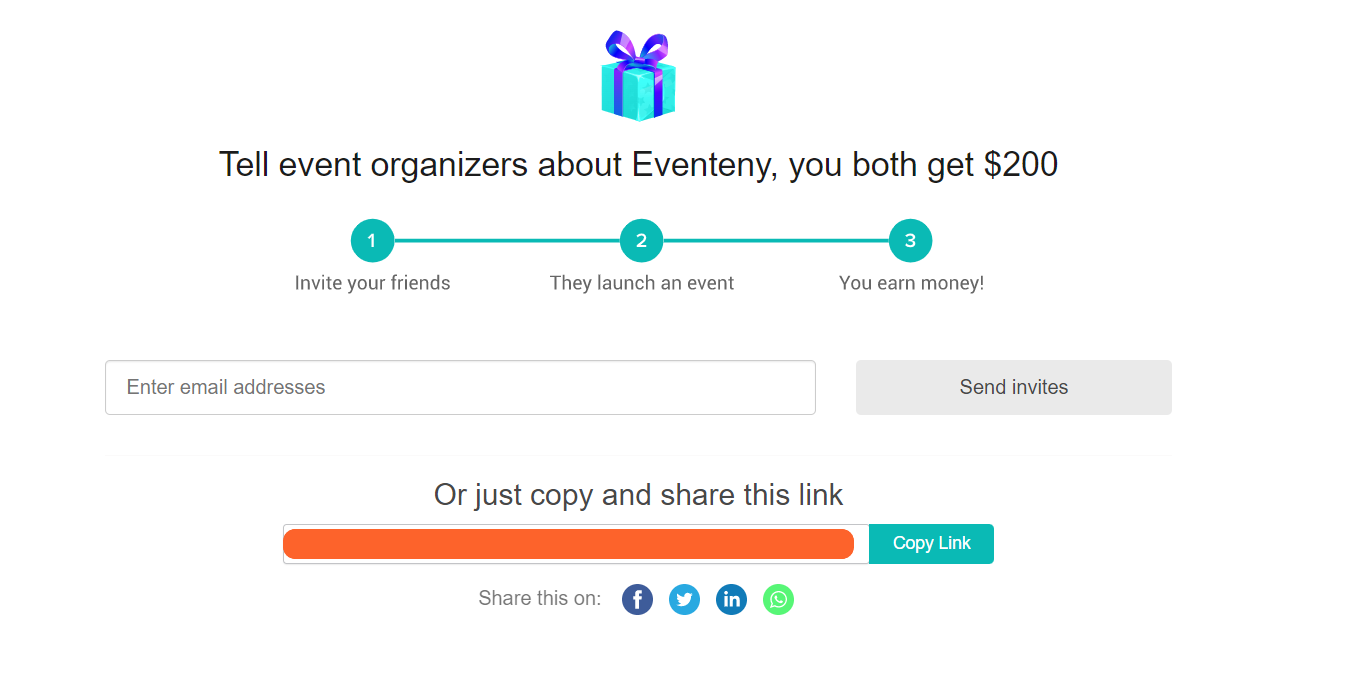 an image showing users how they can benefit from the referrals section by sharing a link or emailing other event organizers to both receive a $200 gift card