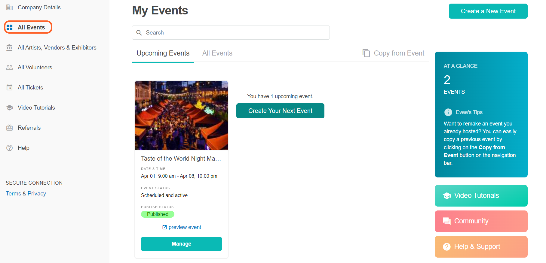 an image showing the My Events section from the beginning