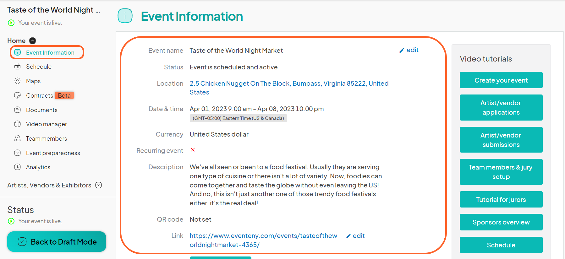 an image showing users their event information under the home tab on the event dashboard