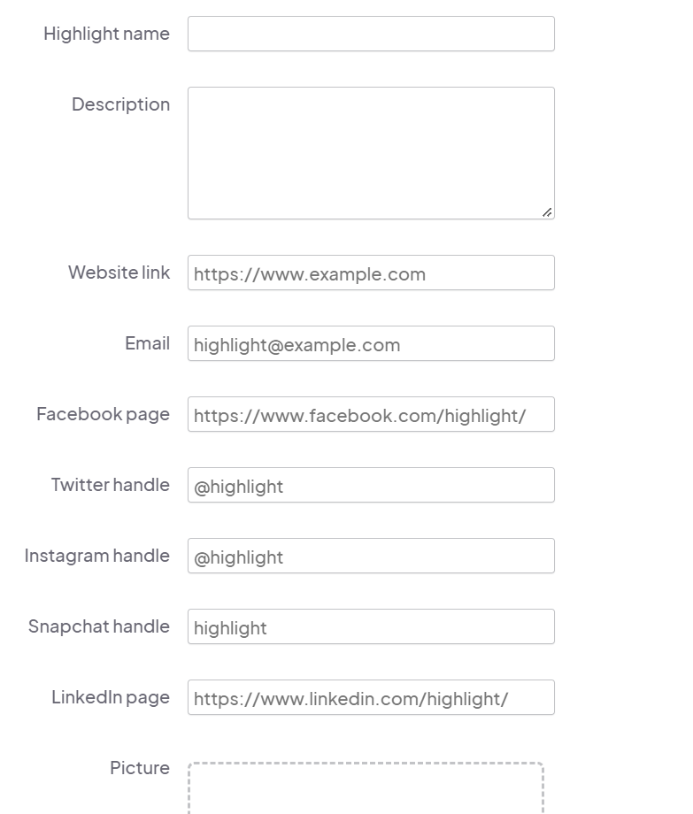 an image showing users what they can add to a highlight which includes basic information, photo, and social media handles