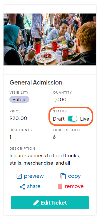 an image showing users that their tickets should be toggled to live