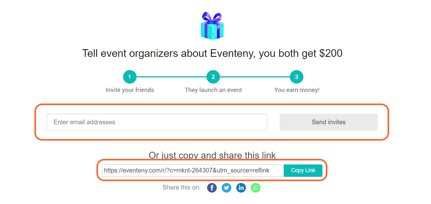 an image showing users what the referral screen looks like with the email and link options highlighted
