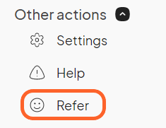 an image showing users where they can find the refer button while in their event dashboard under other actions on the left sidebar