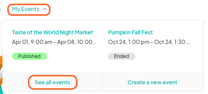 an image showing users where to find the my events tab on the home page of Eventeny