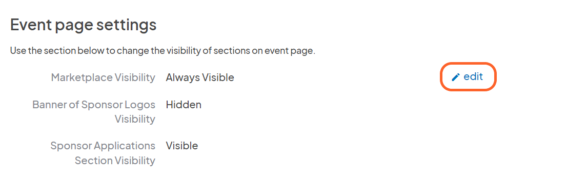 an image showing users the event page settings section and where the edit button is