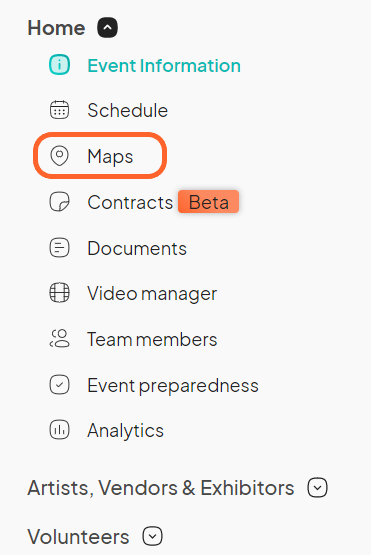an image showing users where to click to access the maps page on their event dashboard