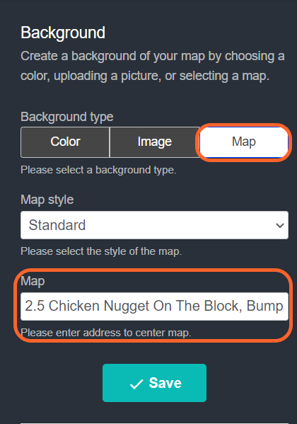 an image showing users where to click if they want to use the Google maps integration for their map