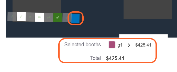 an image showing users that a selected booth turns blue and they can click it again to deselect it along with a highlight total price section at the bottom