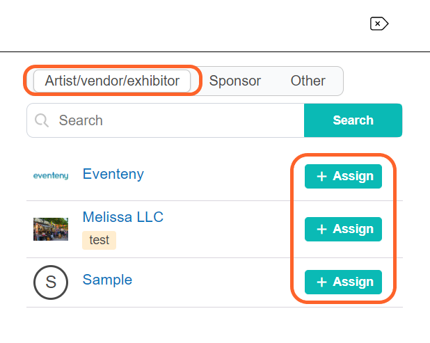an image showing users what the assign window looks like with a list of approved applications to choose from. The artists, vendors, and exhibitors tab is also highlighted at the top