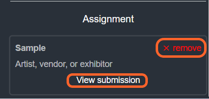 an image showing users where to find the assigned vendor information after they have already been assigned at the bottom of the left side bar. The remove and view submission buttons are highlighted