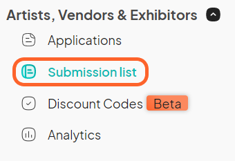 an image showing users where to click to access the submission lists for artists, vendors, and exhibitors