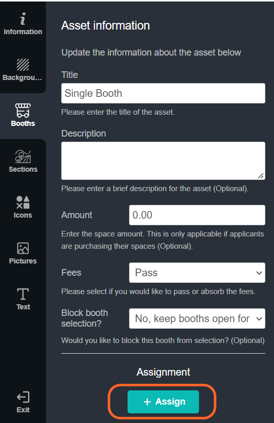 an image showing users where to click to start assigning booths