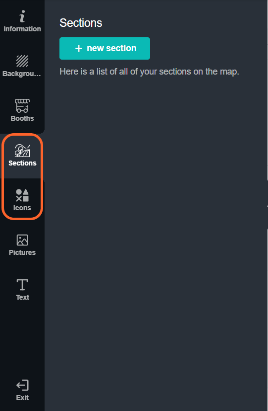 an image showing users where they can find the sections and icons tab on the left sidebar
