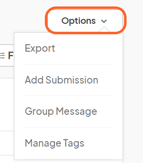 an image showing users where to find the options drop down box at the top right corner of the submissions page along with its options
