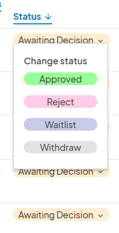 an image showing users where to click to change the status of an application on the submissions page