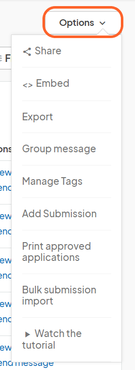 an image showing users what the options drop down menu looks like on the submissions page