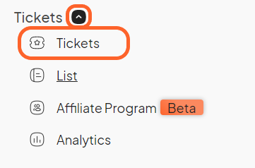 an image showing users where to find the tickets tab on the left side bar of their event dashboard