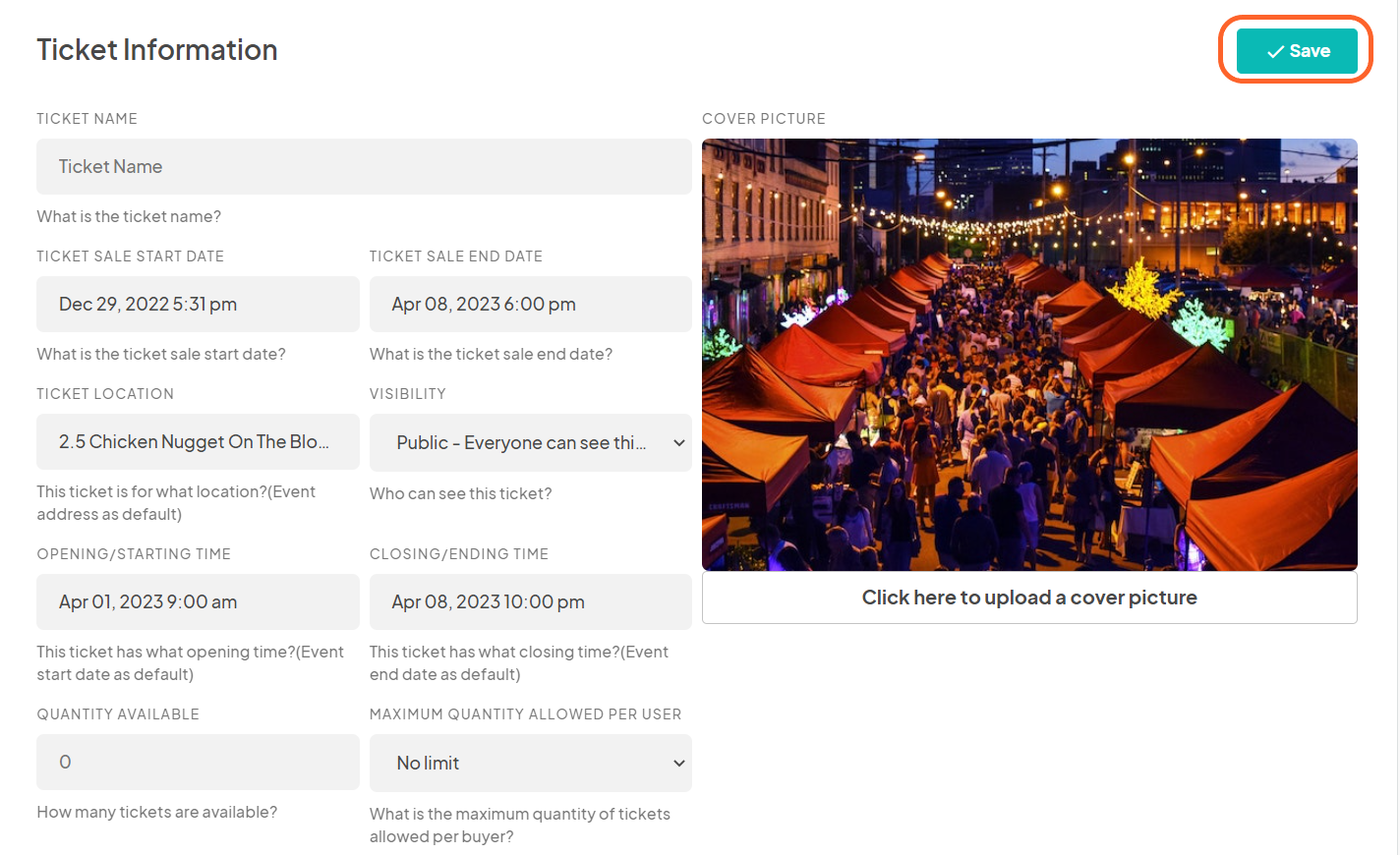 an image showing users the first half of the ticket creation page