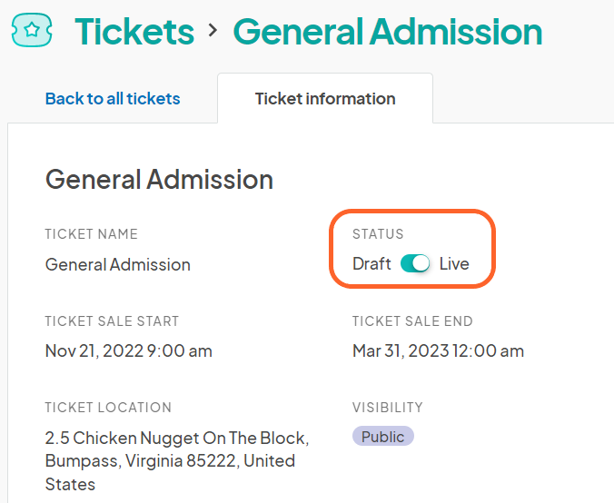 an image showing users where they can toggle their tickets into live mode on the ticket editing page