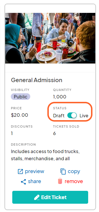 an image showing users where they can toggle their tickets to live mode on the ticket page