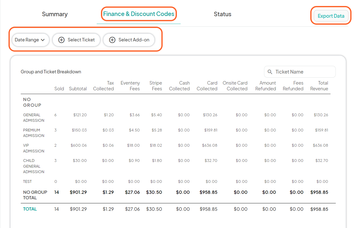 an image showing users the finance and discount codes section of the ticket analytics page with a variety of features highlighted
