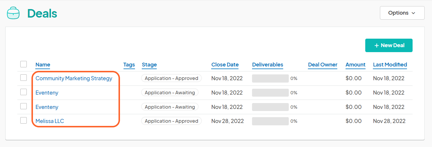 an image showing users what one of the individual deal submission pages looks like with the application status and tagging feature highlighted