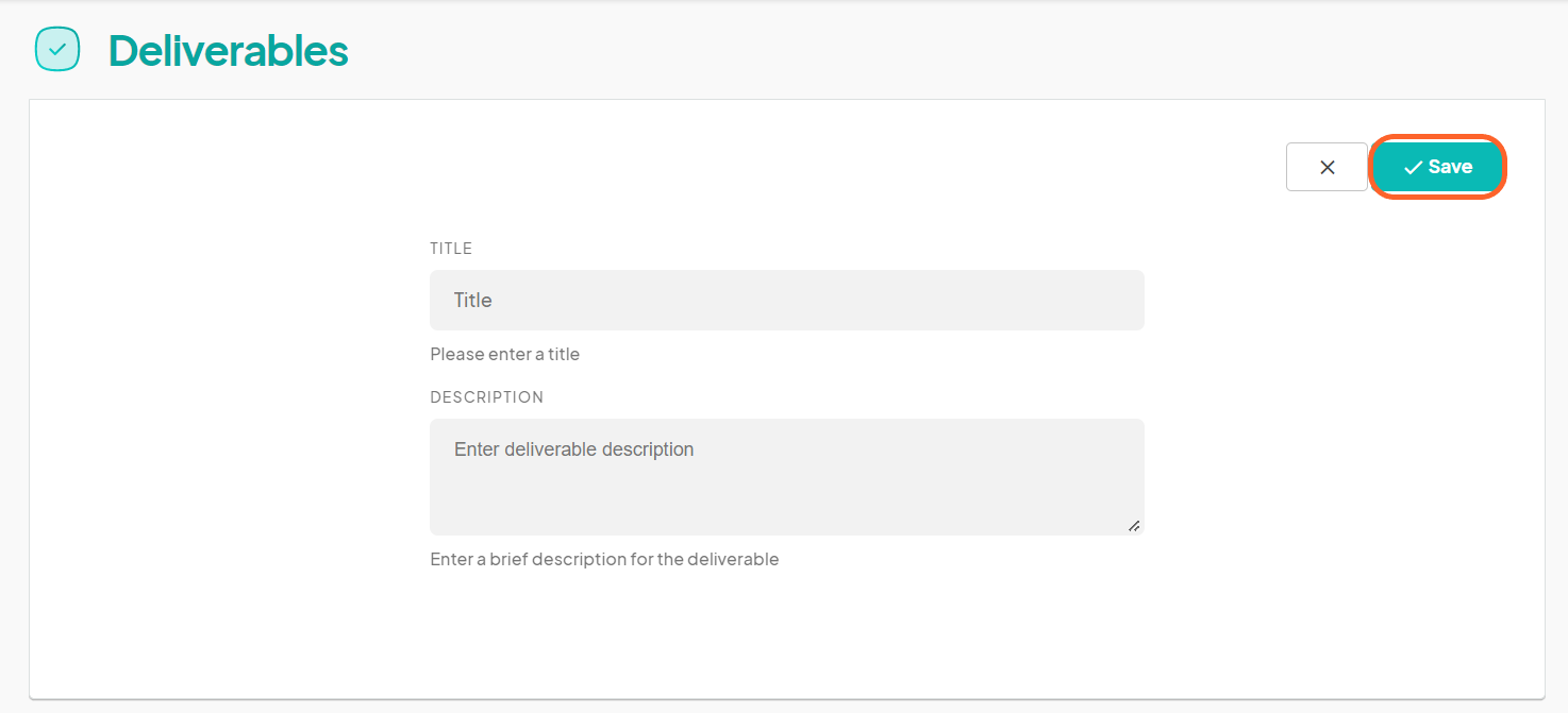 an image showing users the deliverable creation page with the blue save button highlighted at the top right corner