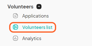 an image showing users the volunteer list section under the volunteer tab on the left sidebar of the event dashboard