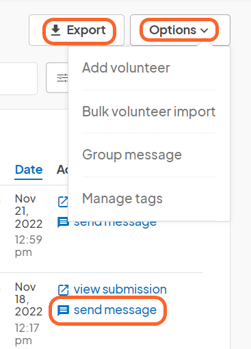 an image showing users the options buttons at the top right of the volunteer list page