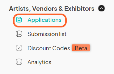 an image showing users to select the applications section under the vendor tab on the left sidebar of the event dashboard