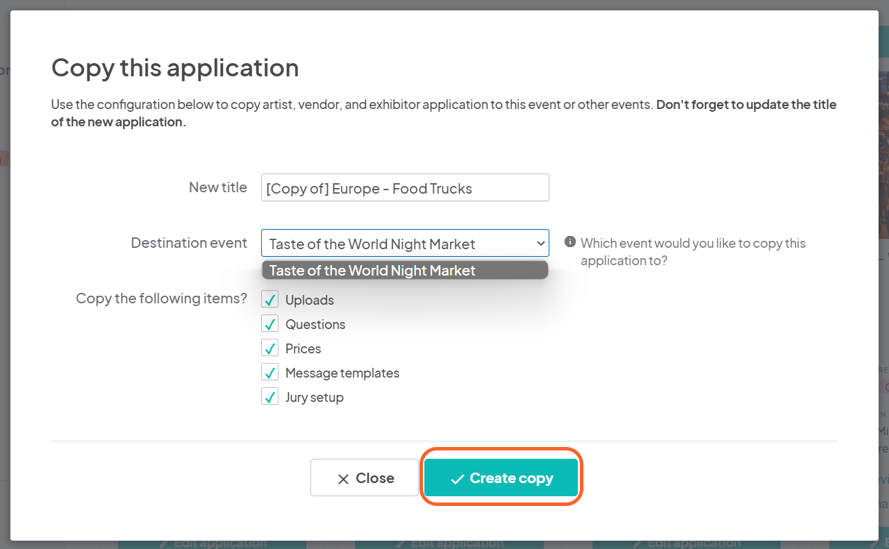 an image showing users the copy application page with all of the options followed by a highlighted create copy button at the bottom