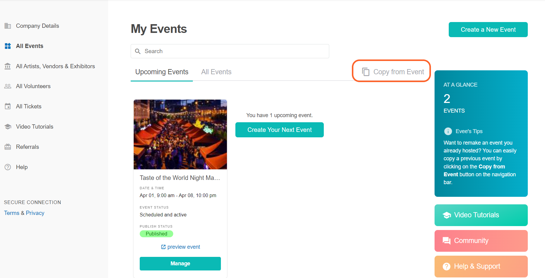 an image showing users the events page where they can find all of their events and company details with the copy button highlighted at the top right