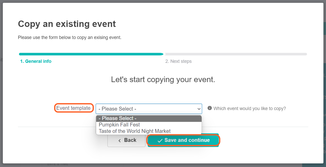 an image showing users where they can select which event they want to copy from followed by a highlighted save and continue button at the bottom