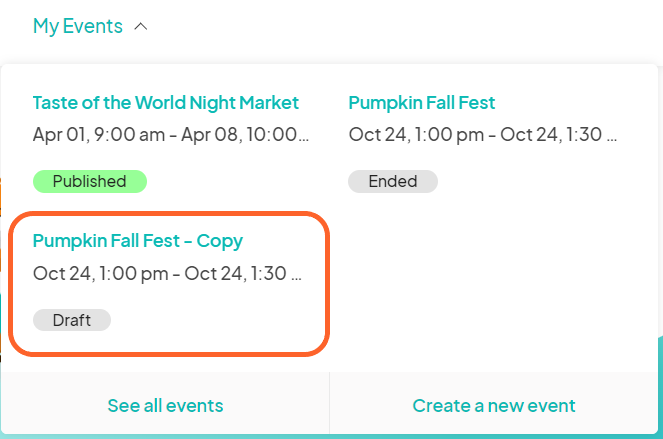an image showing users where their copied event now resides under the my events tab from before