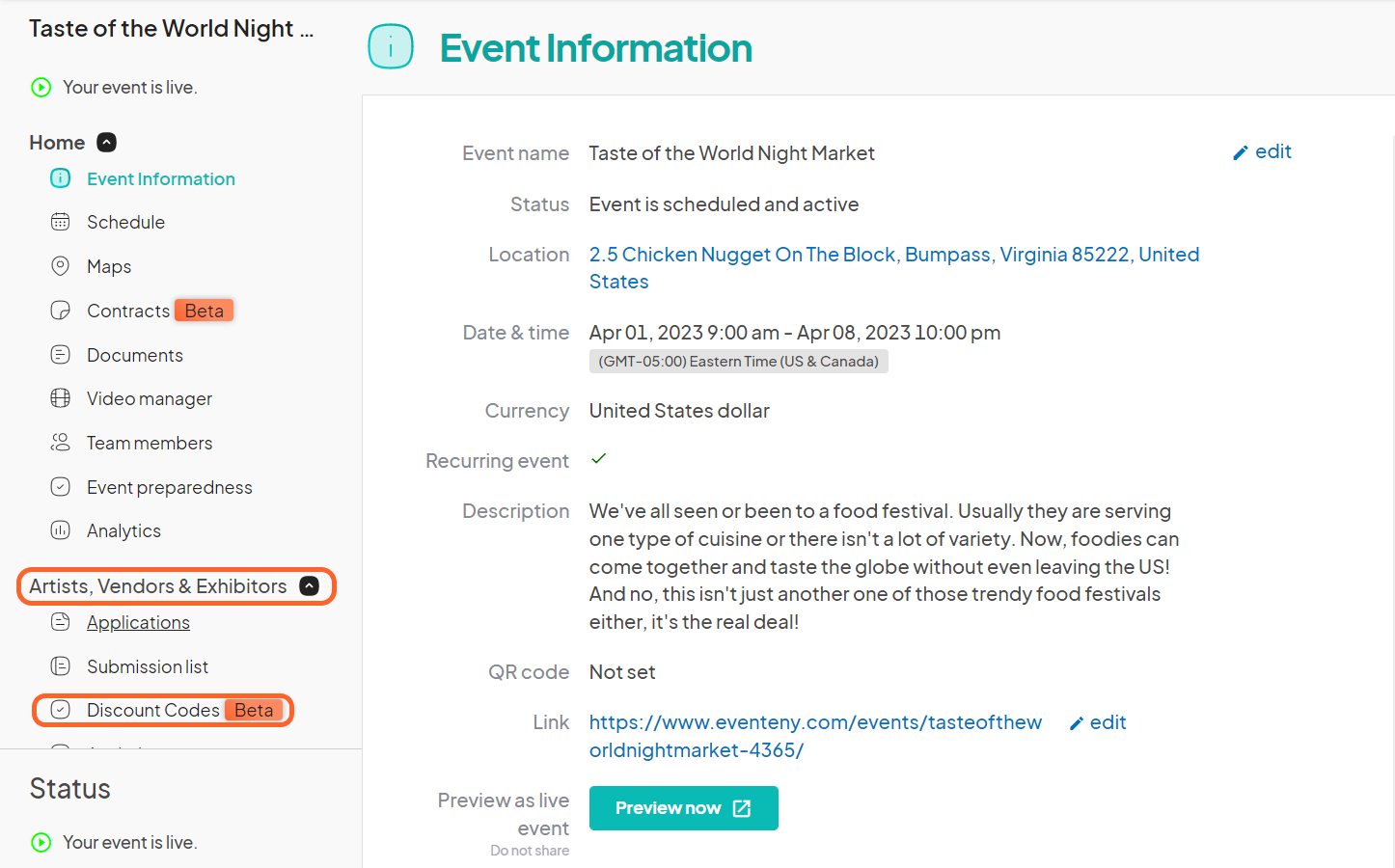 an image showing users the event dashboard with the vendor and discount code sections highlighted