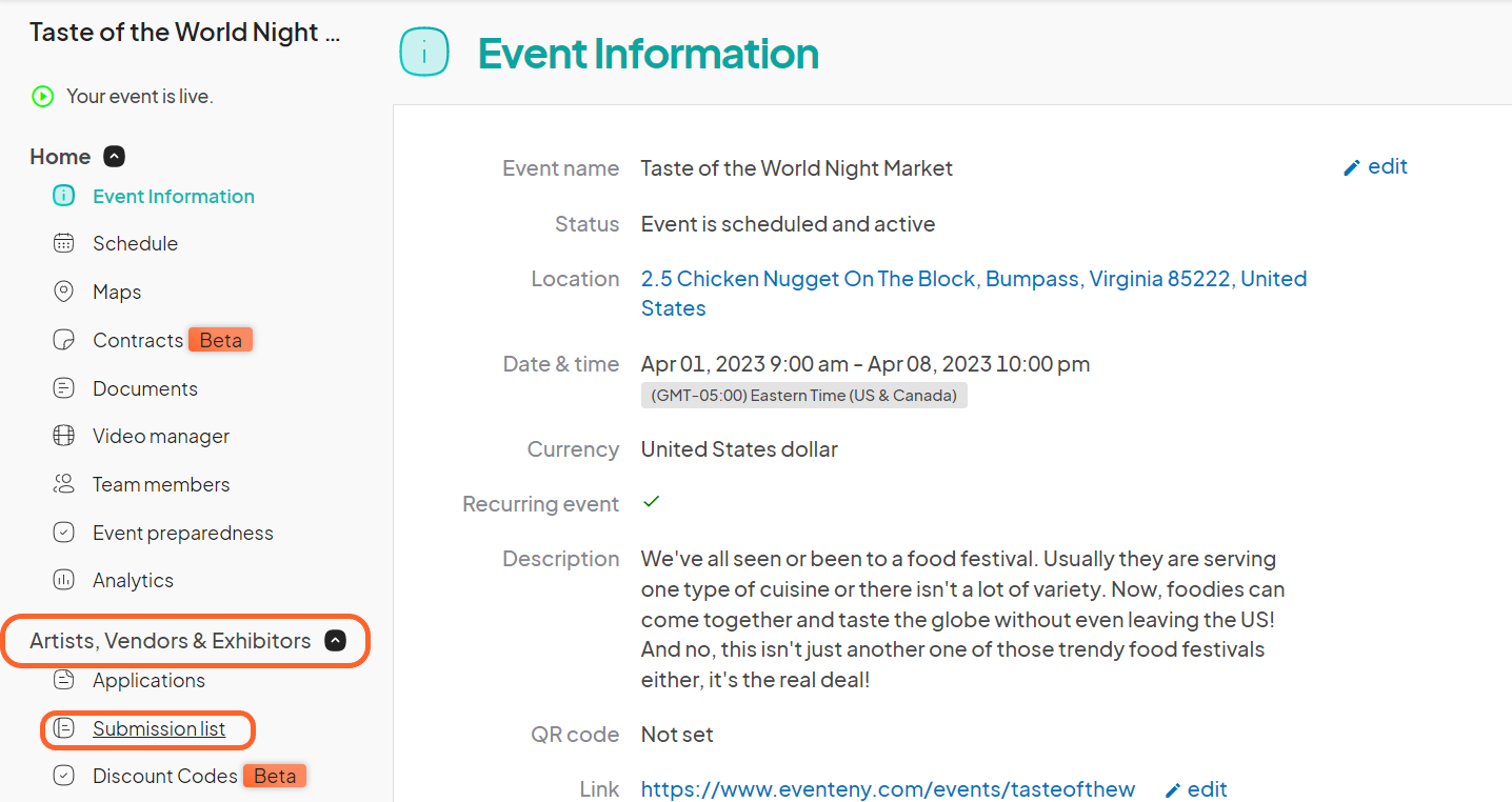 an image showing users the event dashboard with the vendors and submission list sections highlighted