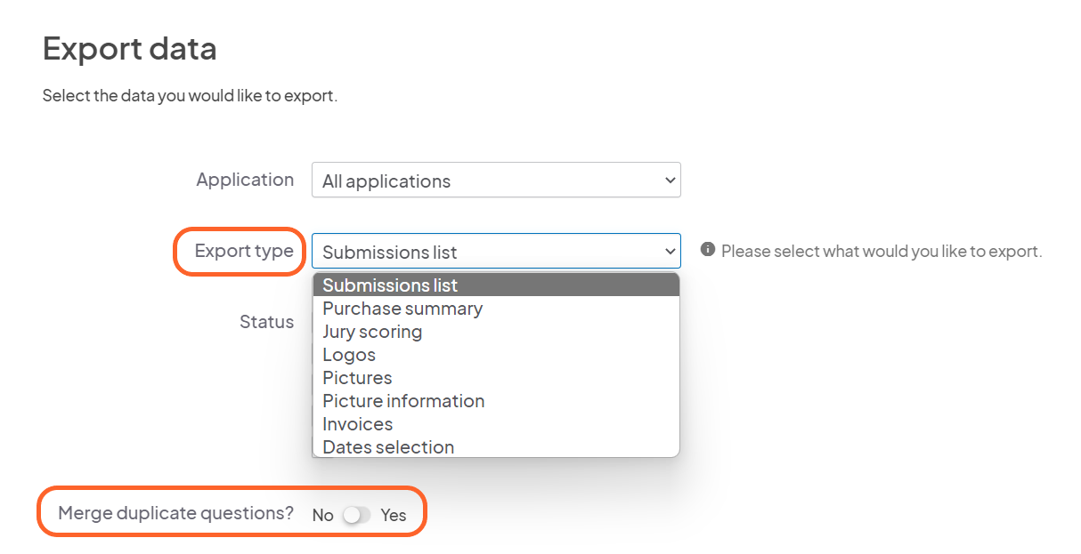 an image showing users the same export data page with the export type and merge options highlighted