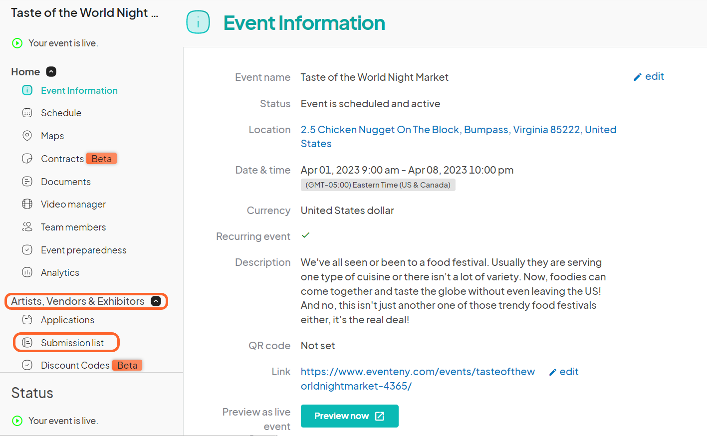 an image showing users the event dashboard with the vendor and submission list sections highlighted