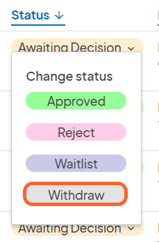 an image showing users the application options with withdraw highlighted