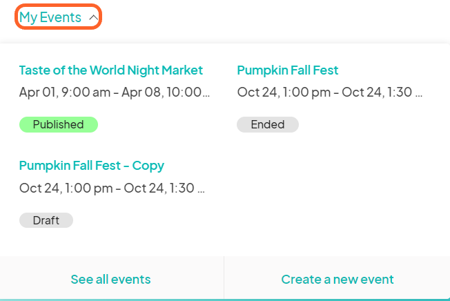 an image showing users where the my events tab is at the top of the homepage