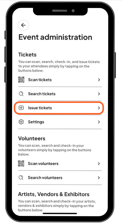 a mobile image showing users the tickets section and to click issue tickets underneath it