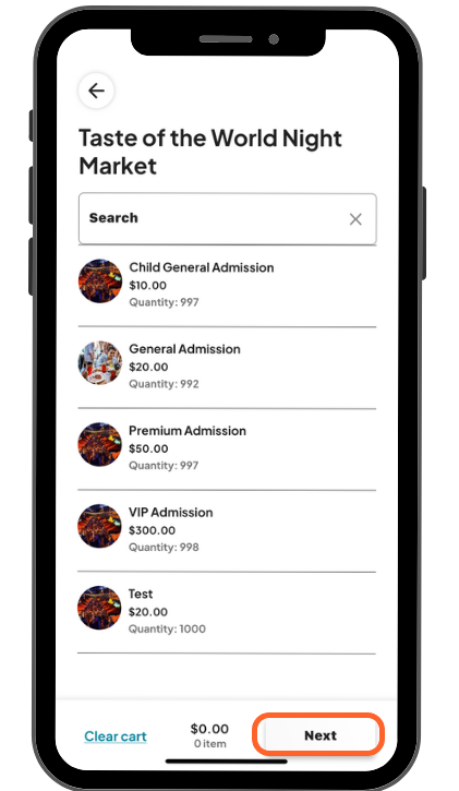 a mobile image showing users the ticket options with the next button highlighted at the bottom