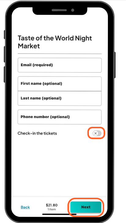 a mobile image showing users the attendee information section with the blue next button highlighted at the bottom right