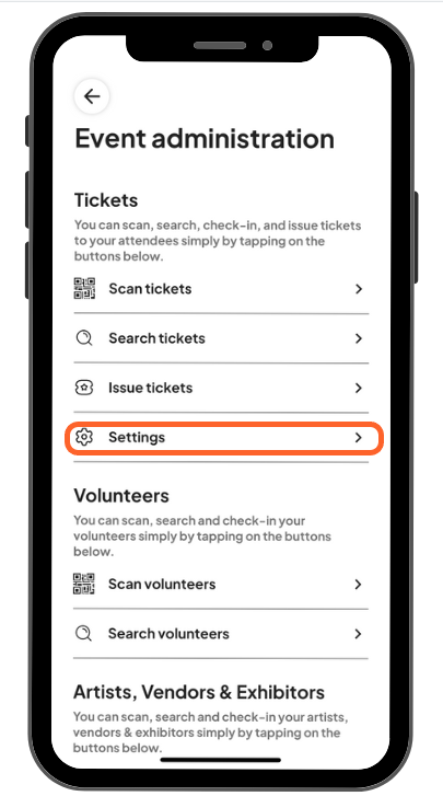 a mobile image showing users where the ticket settings are on the event administration page
