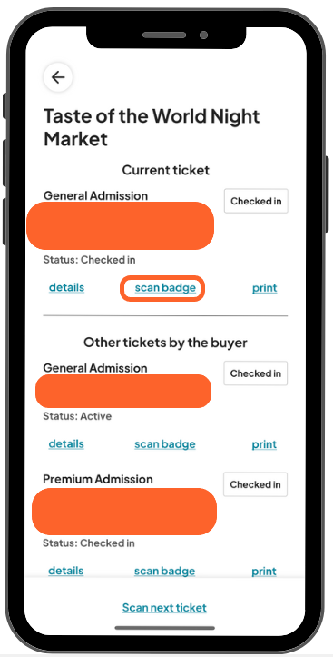 a mobile image showing users the scan badge option that appears after they have tapped the blue check in button