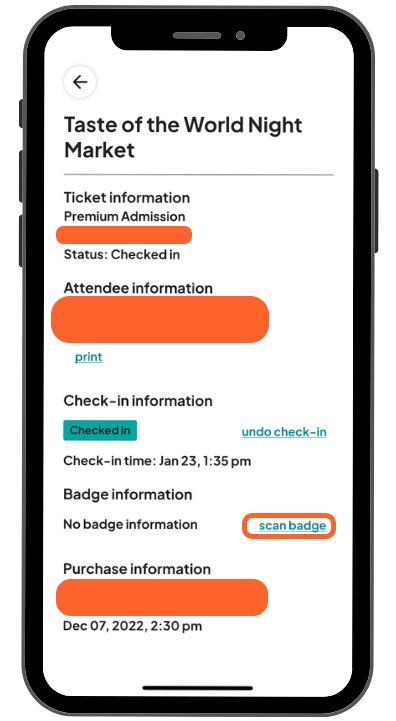 a mobile image showing users an attendee's information with a badge scanning option close to the bottom of the screen